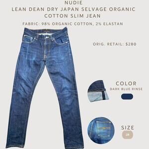 Nudie Jeans Lean Dean Dry Japan Selvedge Slim Jeans W28 Dark Blue Rinse Organic